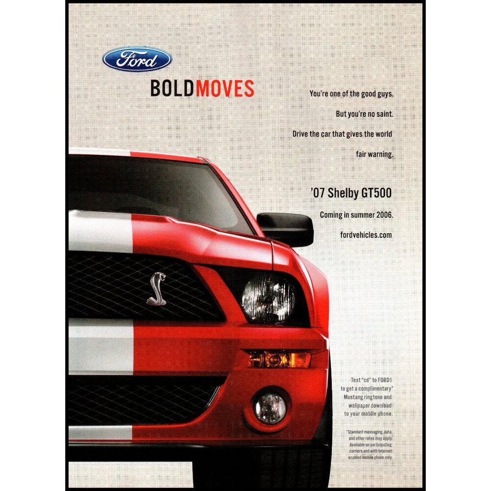 2007 Ford Shelby GT500 Vintage Print Ad Cobra Grill Emblem Sports Car Wall Art